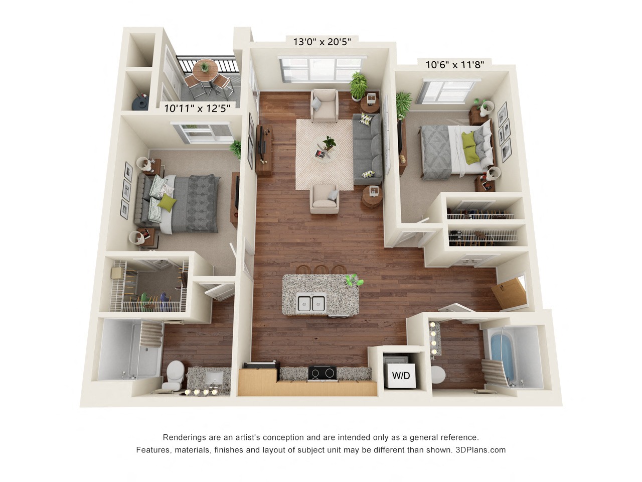 Floor plan for 2 beds, 2 baths, 1075 sqft